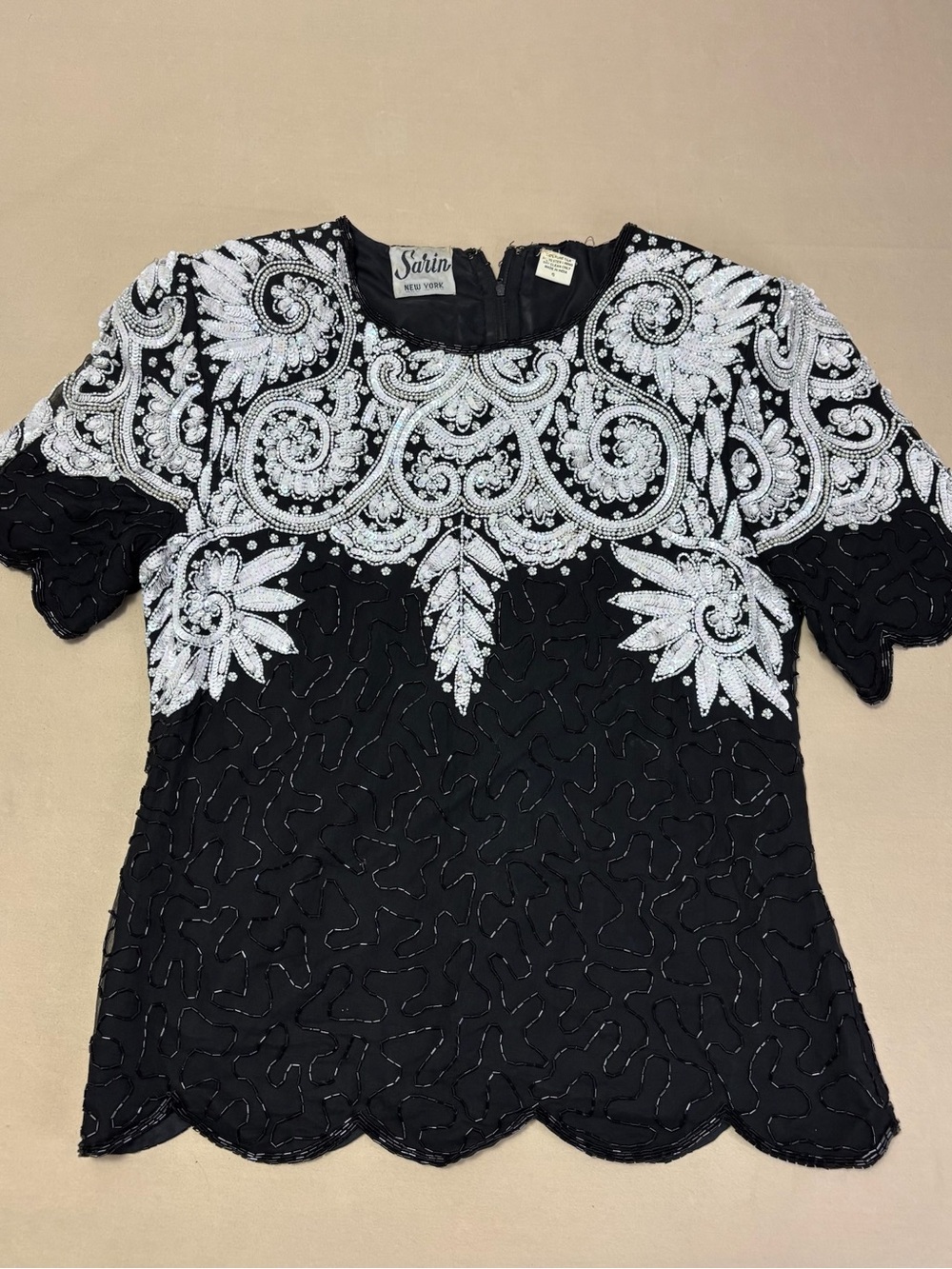Sarin New York Vintage Silk Black Short-Sleeve Beaded Top w/ White Sequins Small